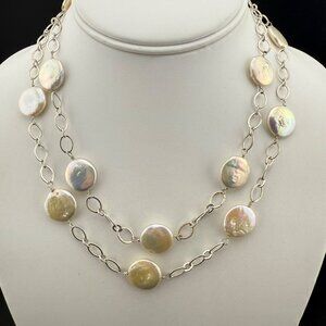 Coin Pearl Necklace Single‎ Strand With Silver-Tone Chain Elegant